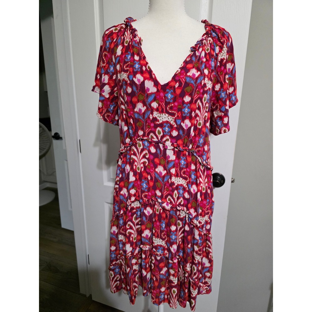 Anthropologie Dress Women S Red Multi Ikat Floral Tiered Ruffle Flutter Sleeve